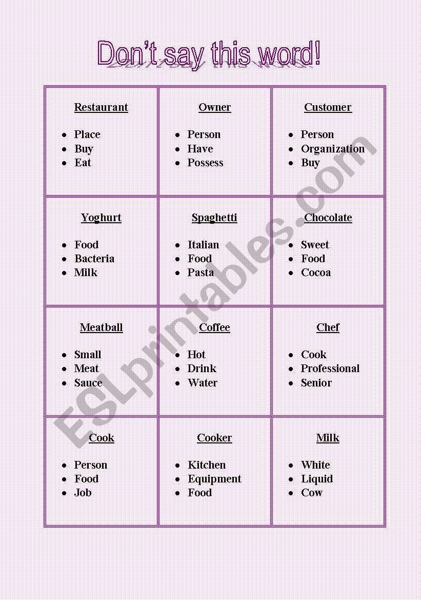 Taboo Food and Cooking 1 worksheet
