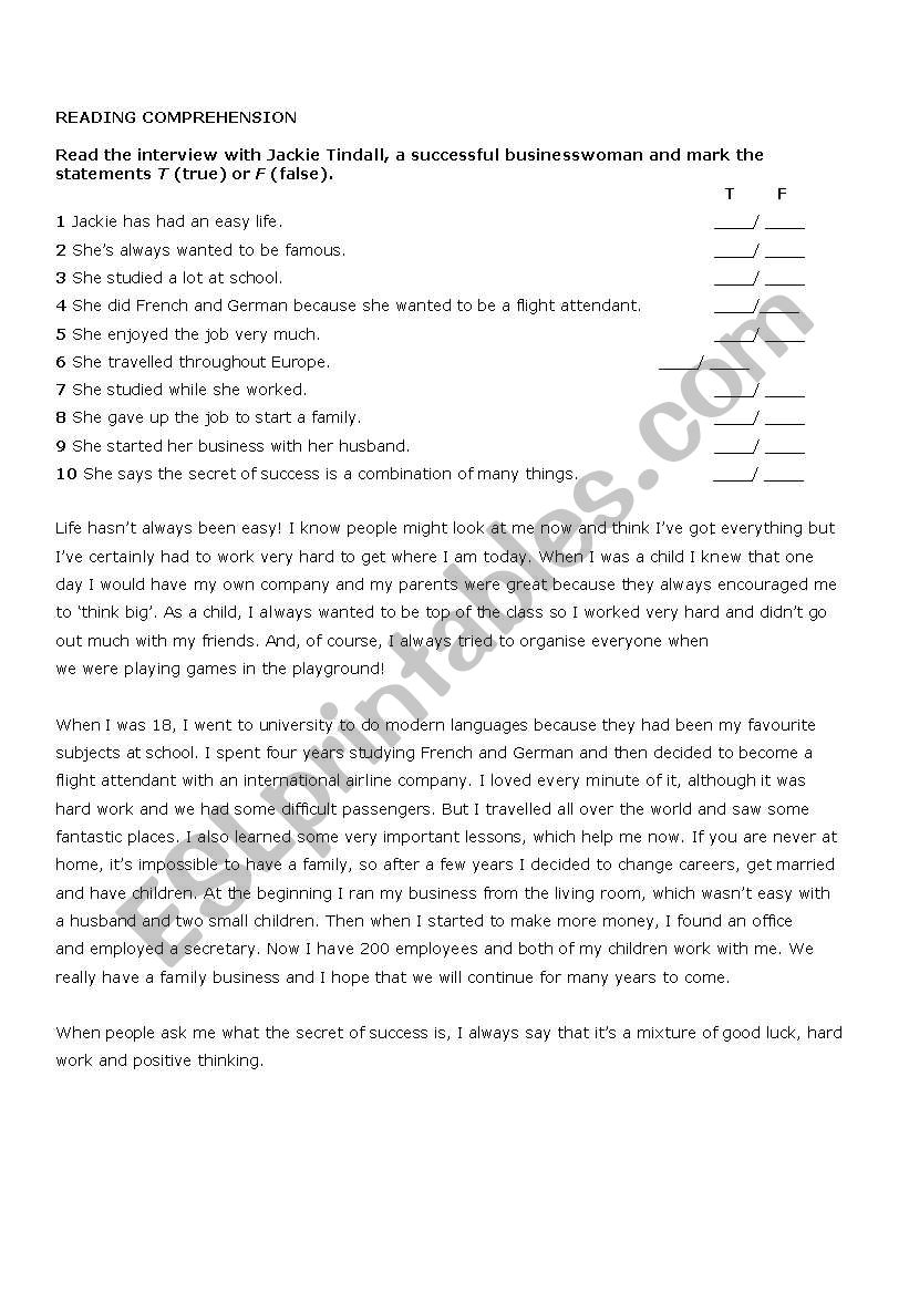 reading task- true false  worksheet