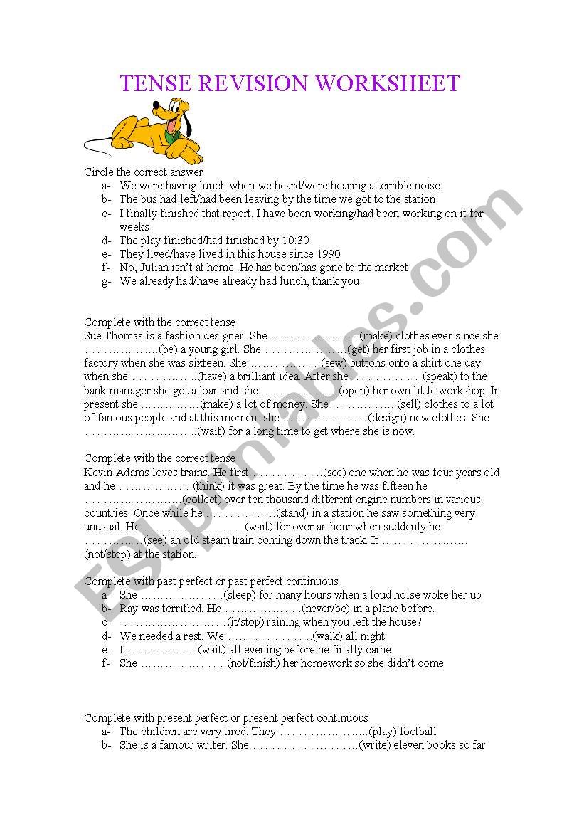 TENSES REVISION WORKSHEET worksheet