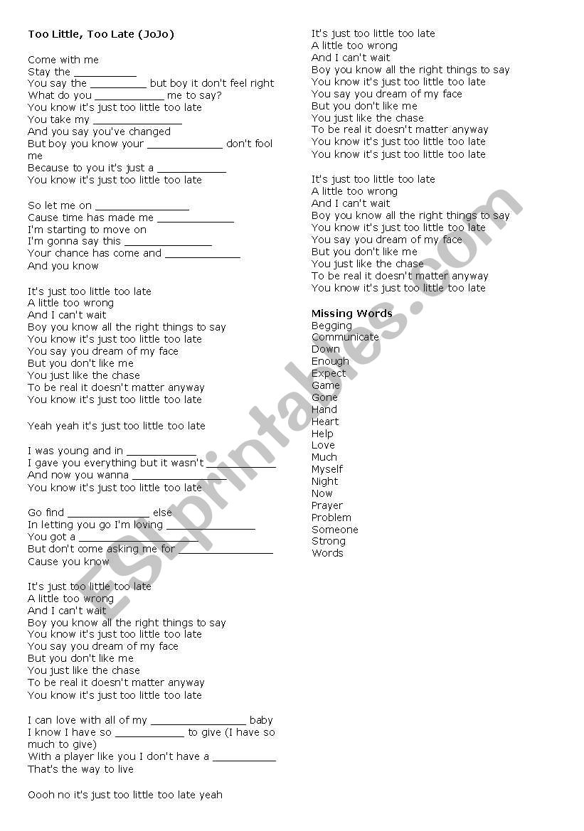 Too Little Too Late worksheet