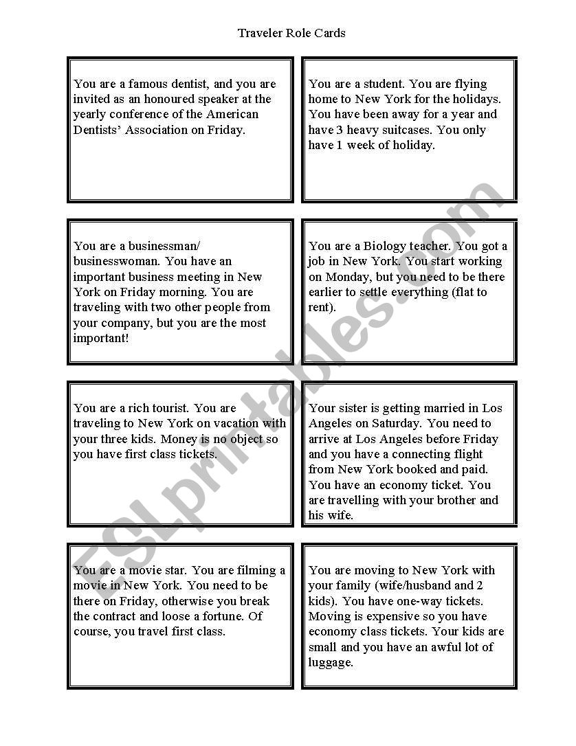 Travel Role Cards worksheet