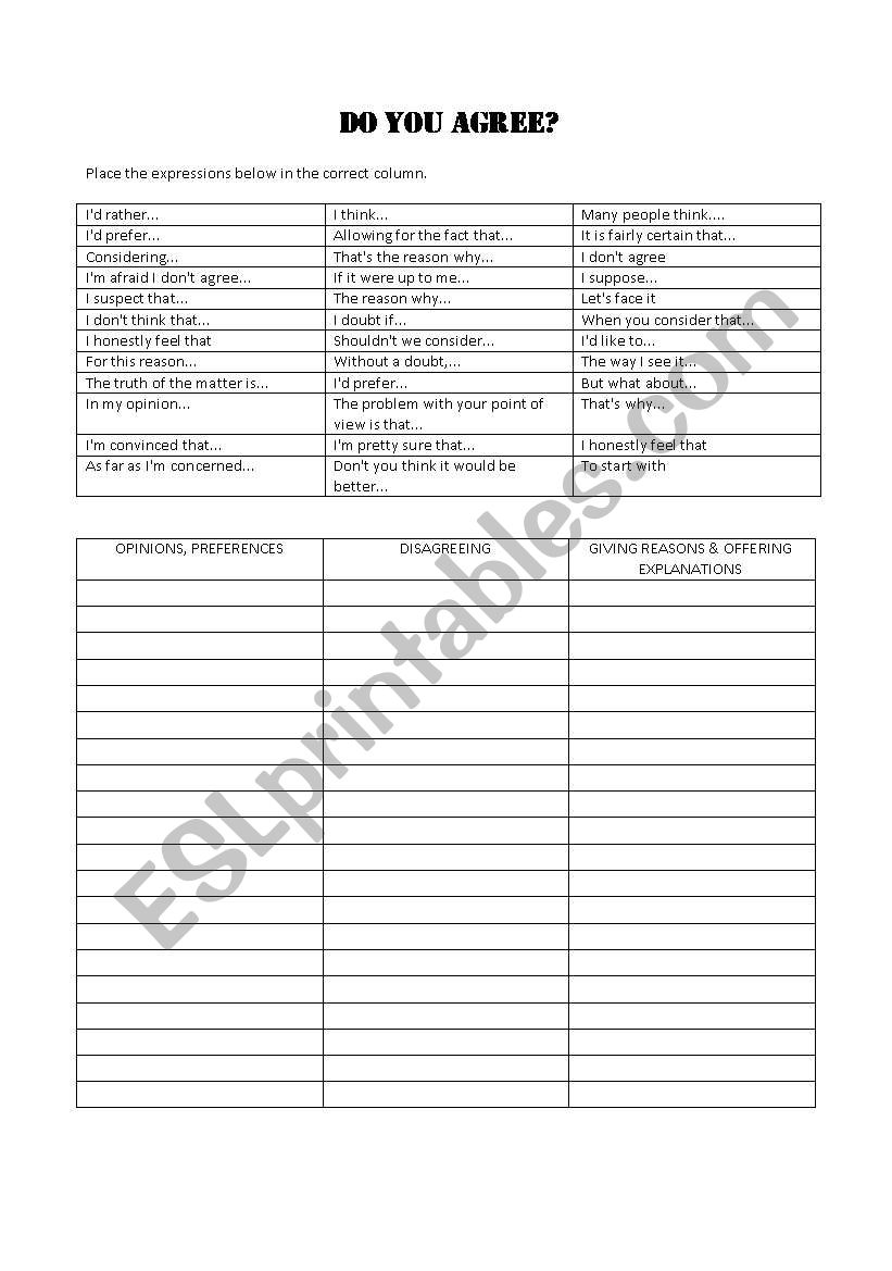 Agreeing or disagreeing worksheet