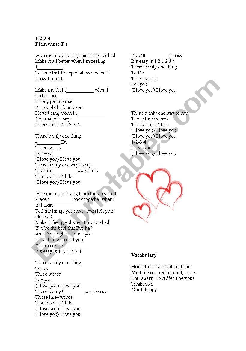 1234 lyric worksheet worksheet