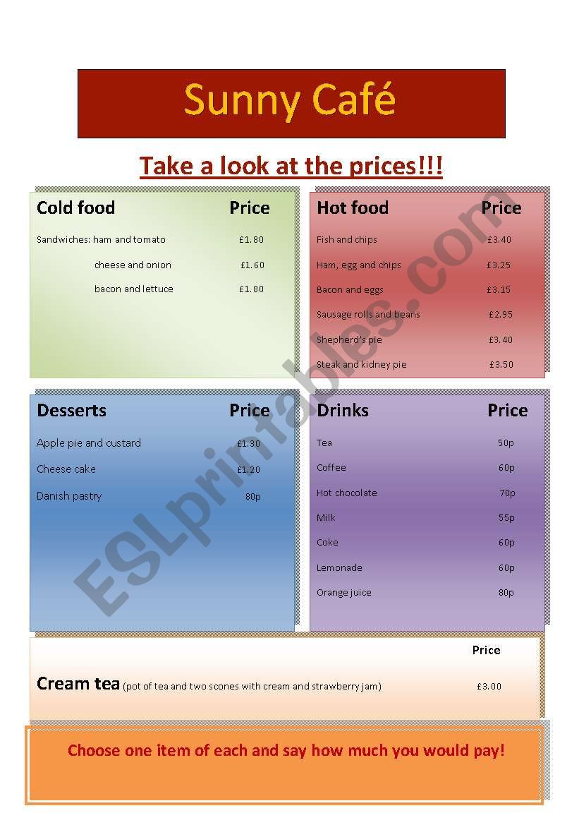 Choose food and say the price worksheet