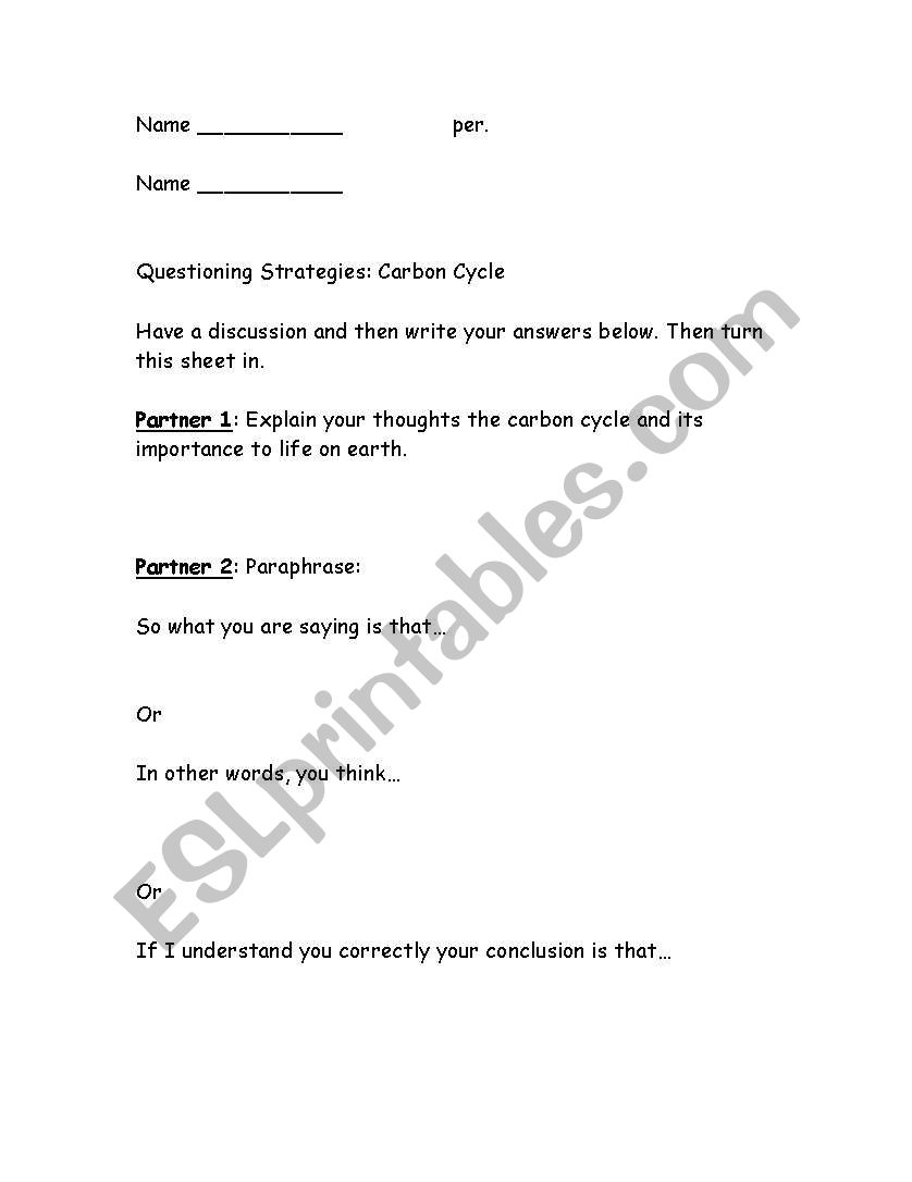 Cabon Cycle- questioning  worksheet
