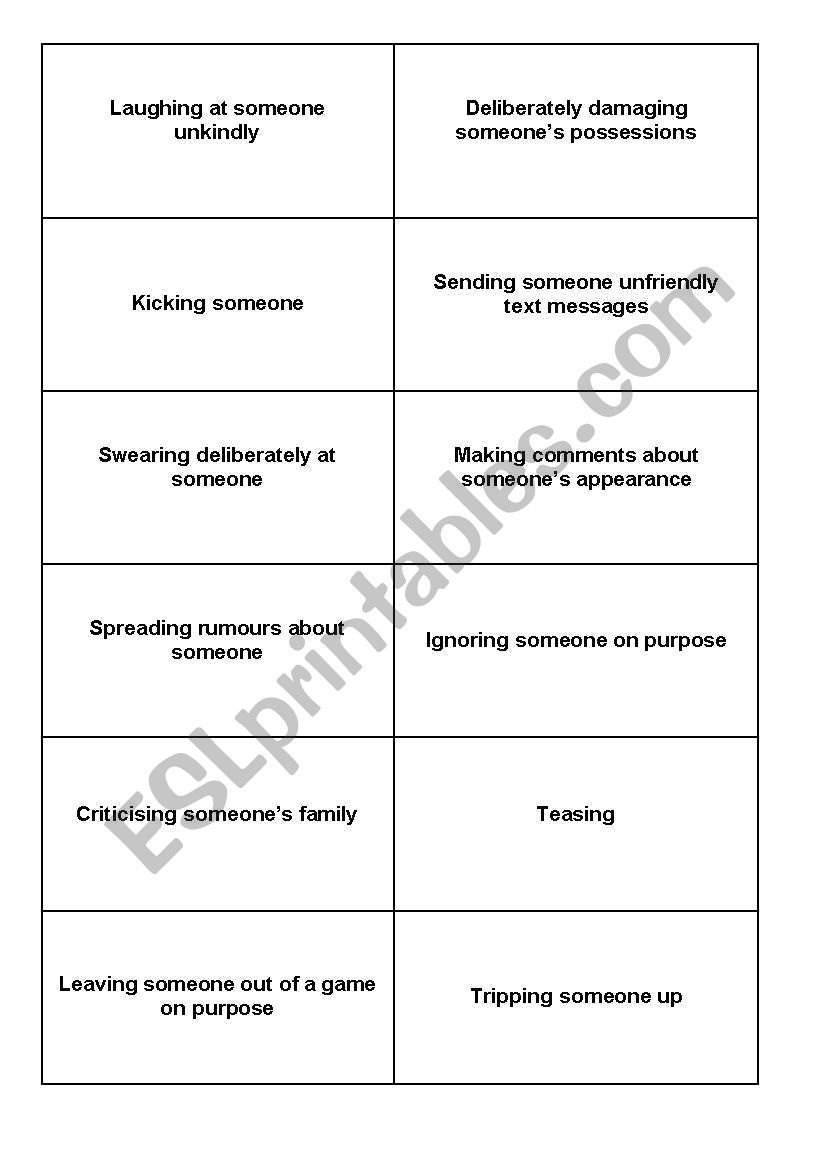 Bullying label cards worksheet