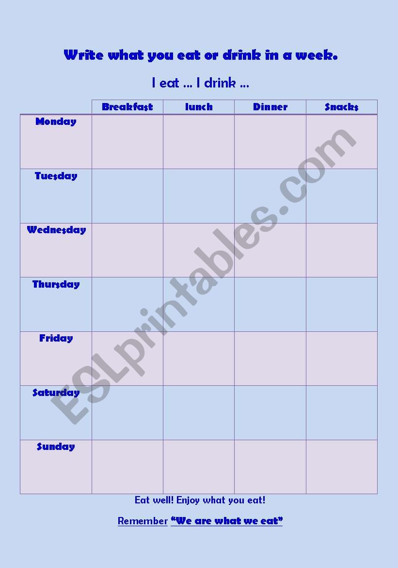 Week food planning worksheet