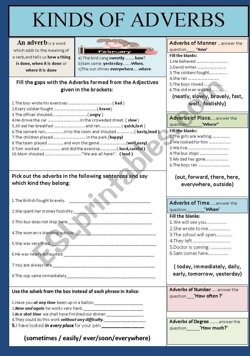 KINDS OF ADVERBS worksheet