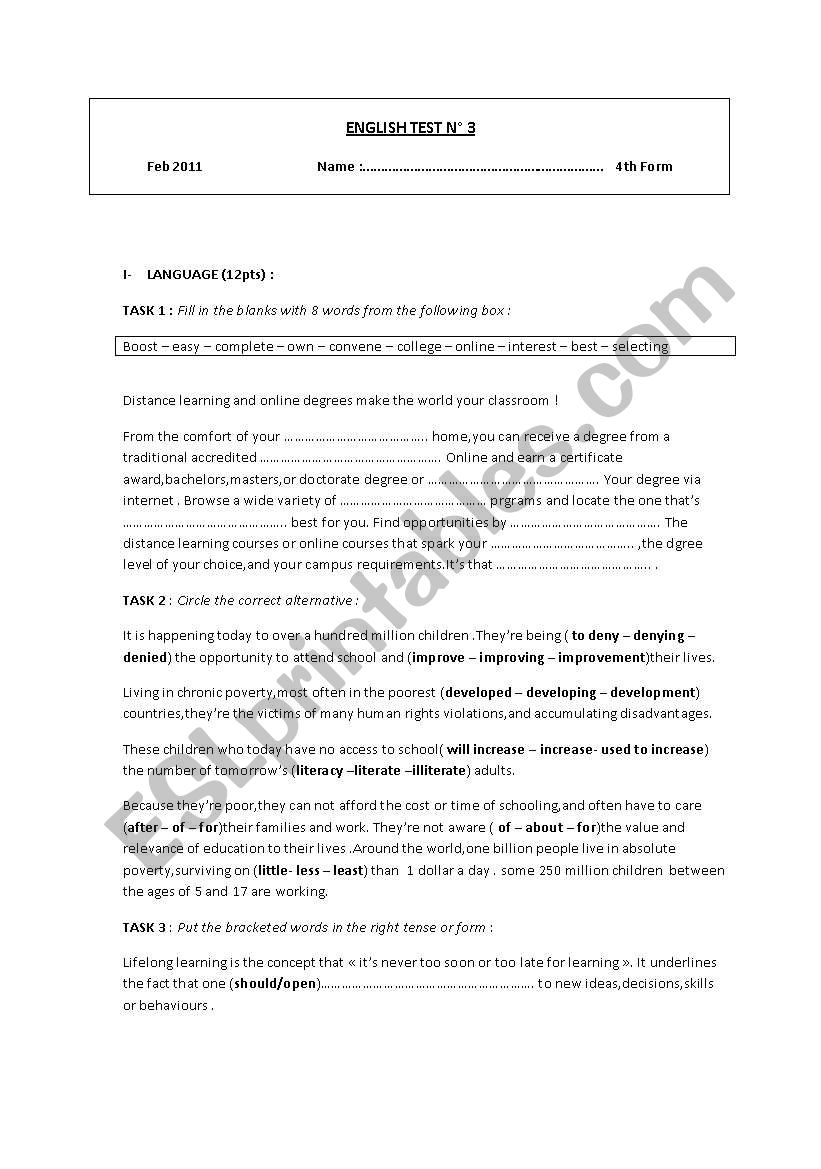 TEST N3 bac  worksheet