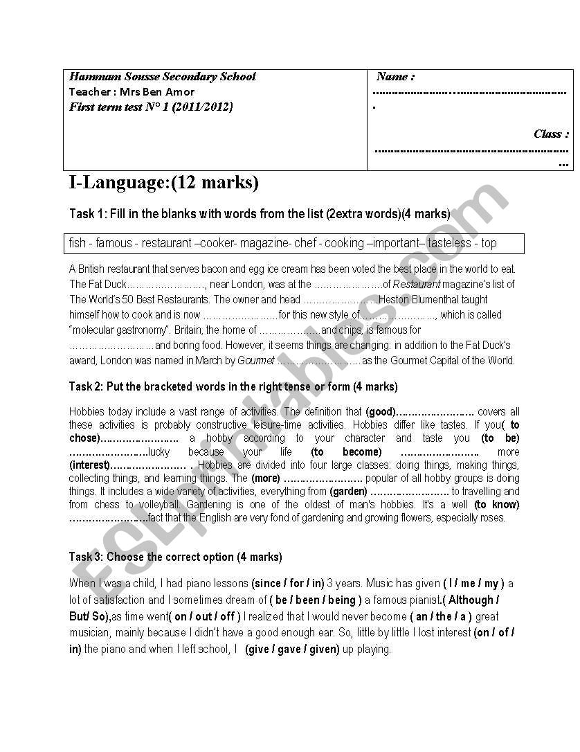 First year secondary exam  worksheet