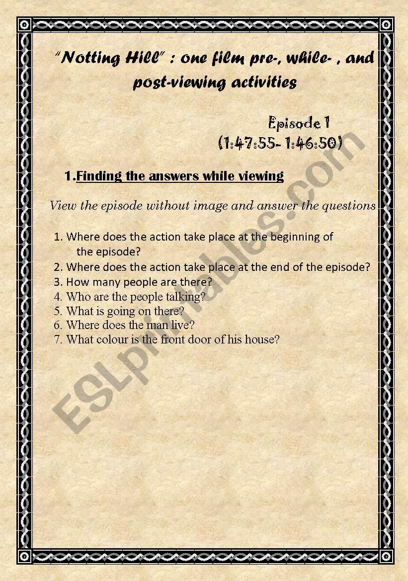 Notting Hill. Pre-,While-,and Post-viewing activities. Episode  1 (1:47:55- 1:46:50)