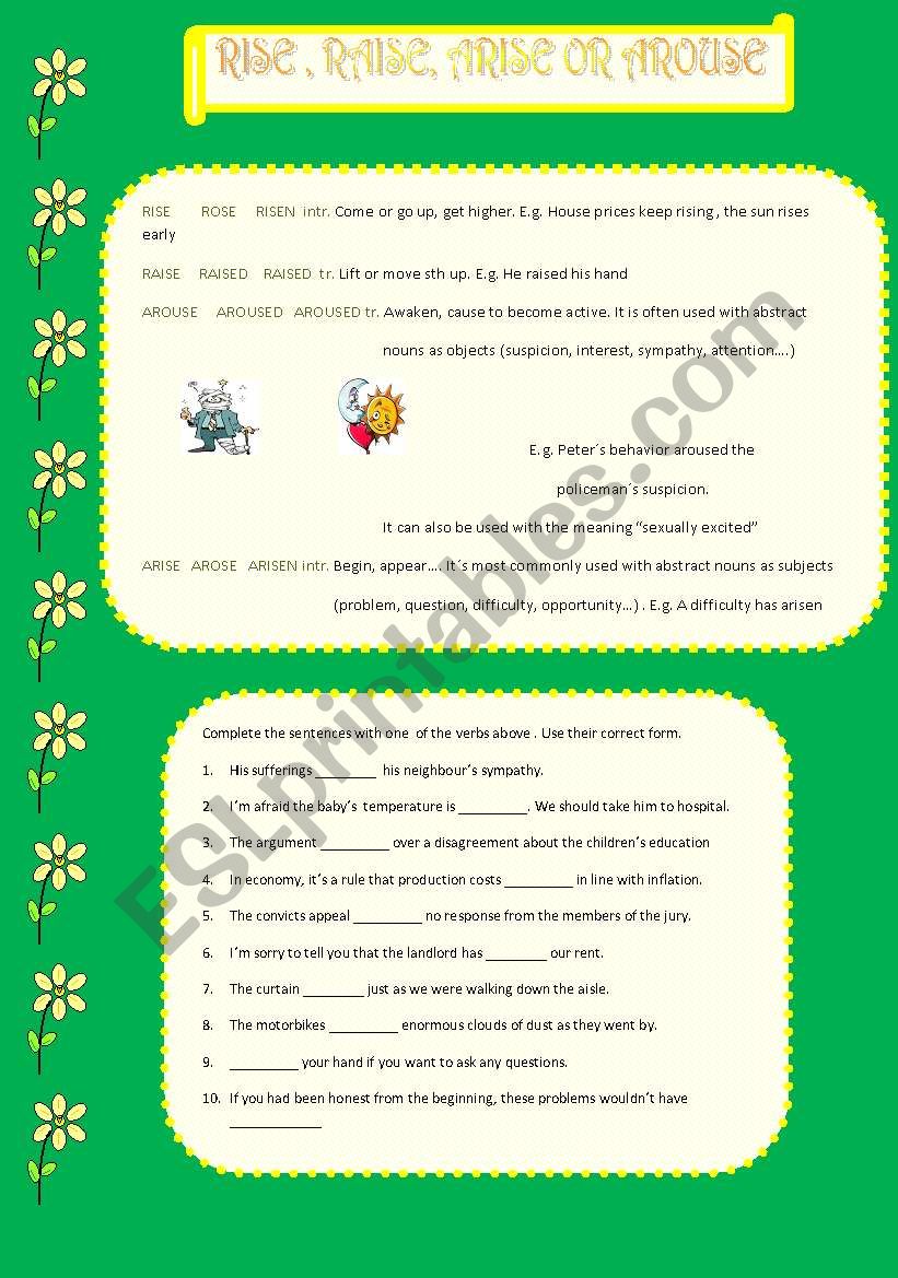 rise, arise, raise and arouse worksheet