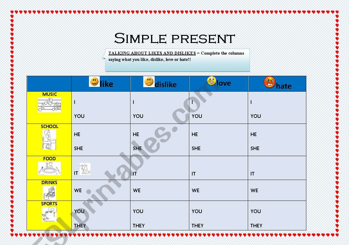 likes and dislikes worksheet