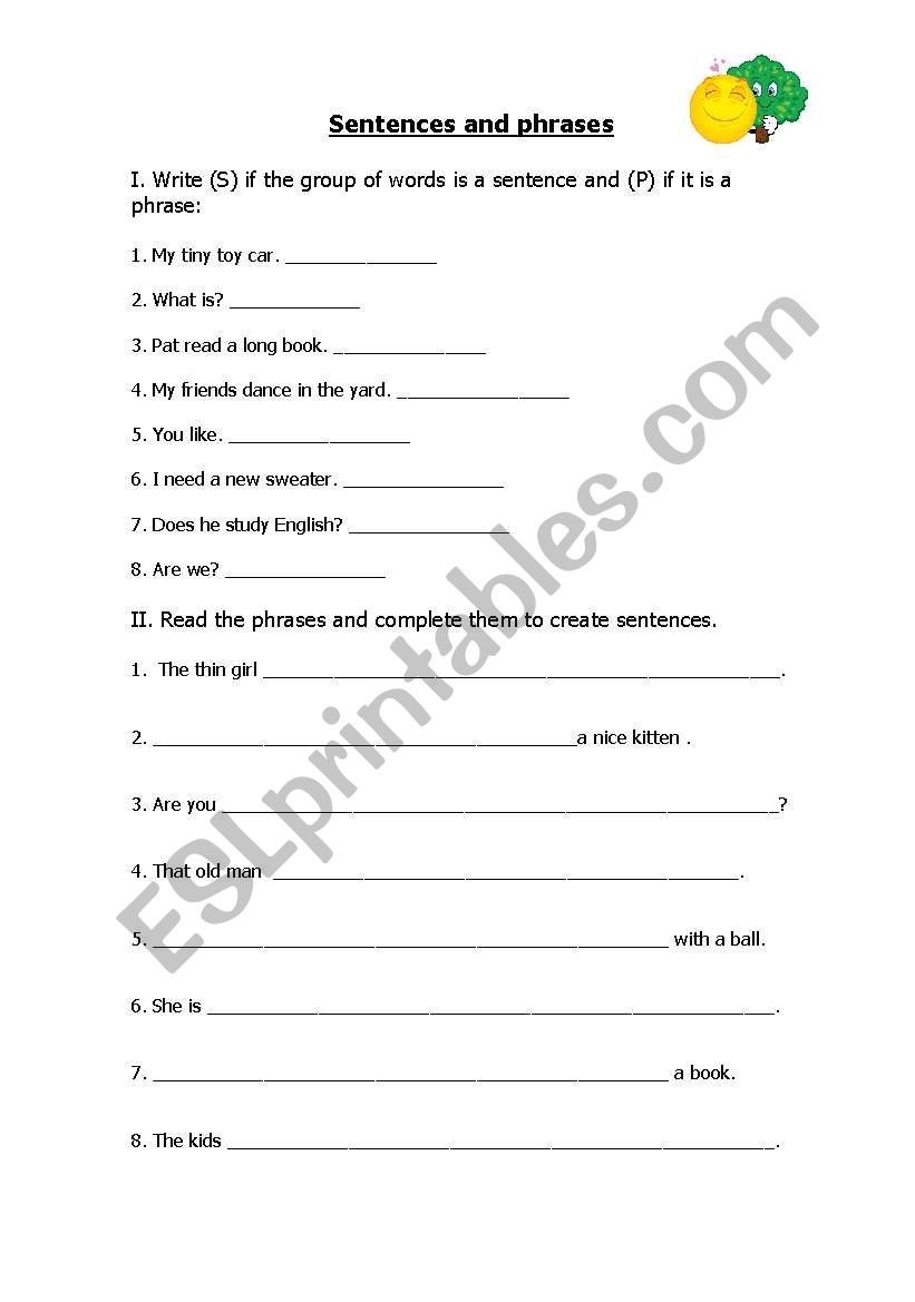 Sentences and phrases worksheet