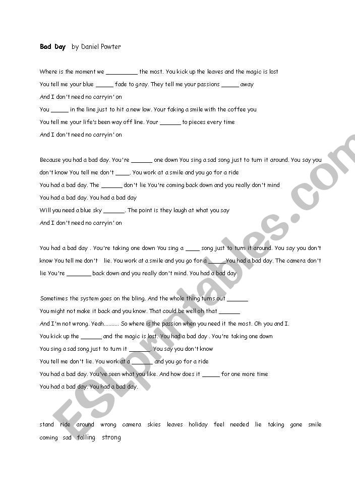 Daniel Powter/You Had A Bad Day Song Sheet