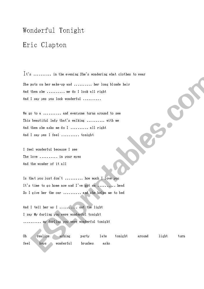 Eric Clapton/Wonderful Tonight Song Worksheet