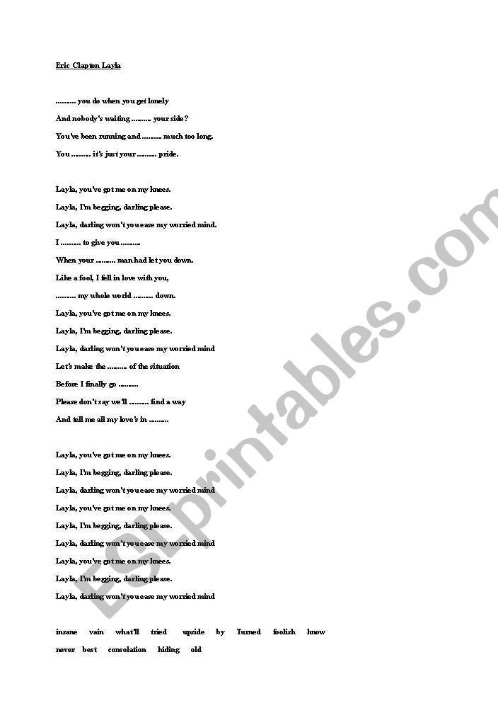 Eric Clapton/Layla Song Worksheet
