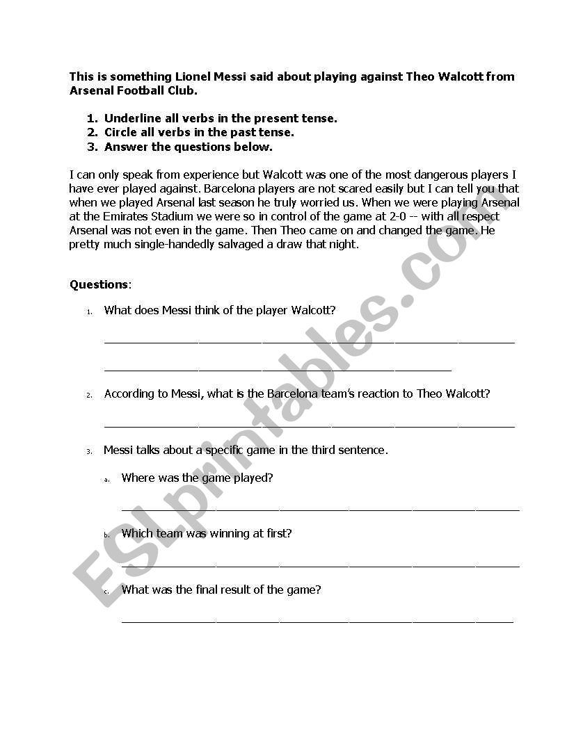 Comprehension (topic: Lionel Messi) with Past and Present Tense activity