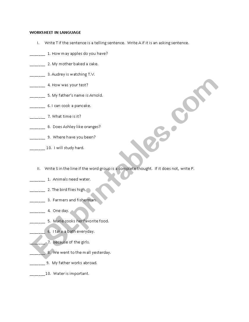 Asking and Telling Sentence worksheet