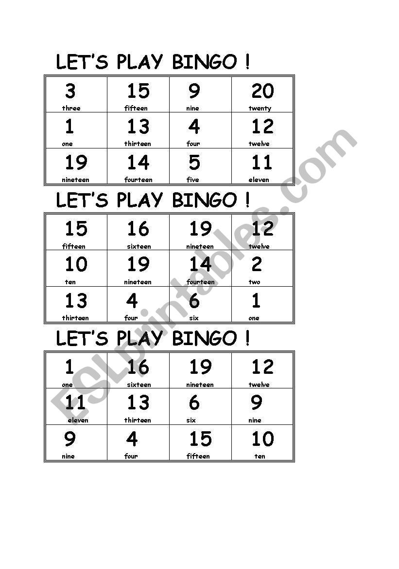 bingo card worksheet