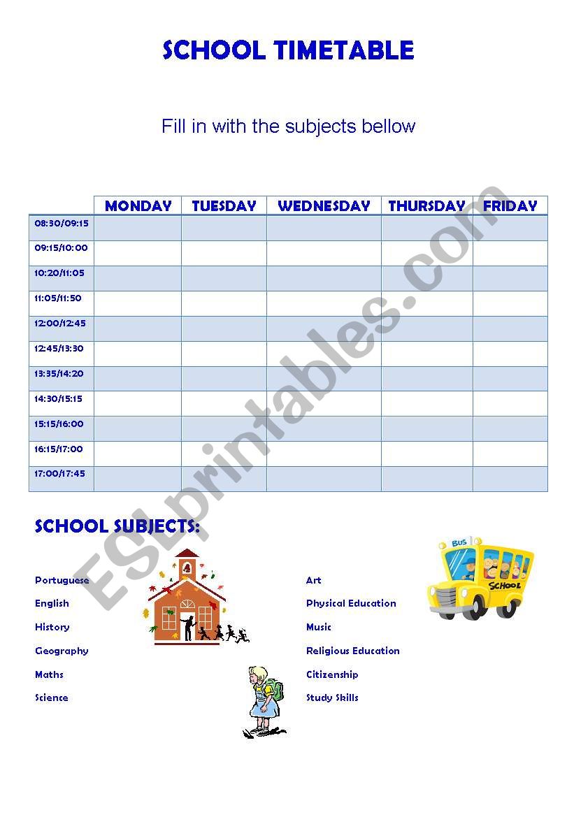 School timetable worksheet