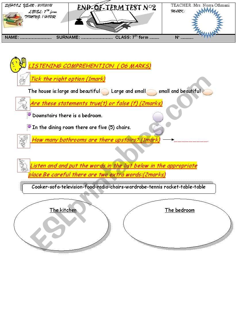 Mid term test 7th form worksheet
