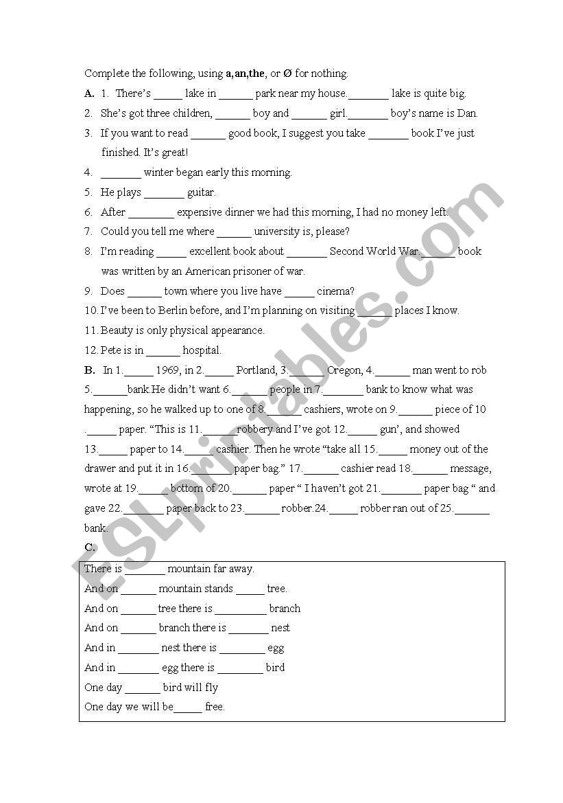 Articles worksheet