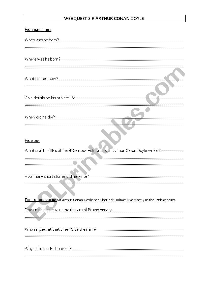 Webquest worksheet on Arthur Conan Doyle, Agatha Christie and their characters