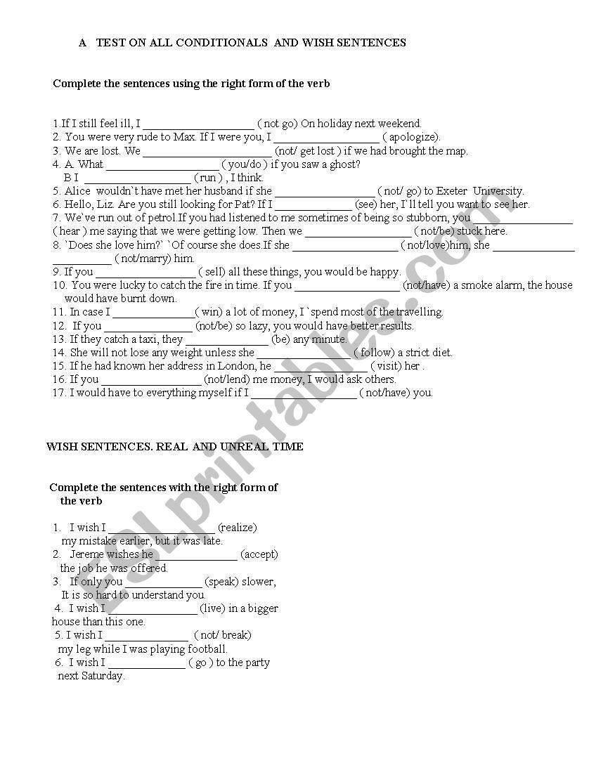 A TEST ON CONDITIONALS AND WISH SENTENCES