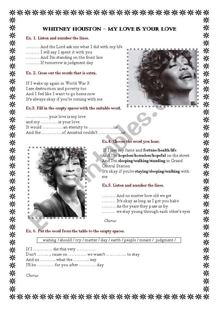 Song worksheet - Whiney Huston - My love is your love.