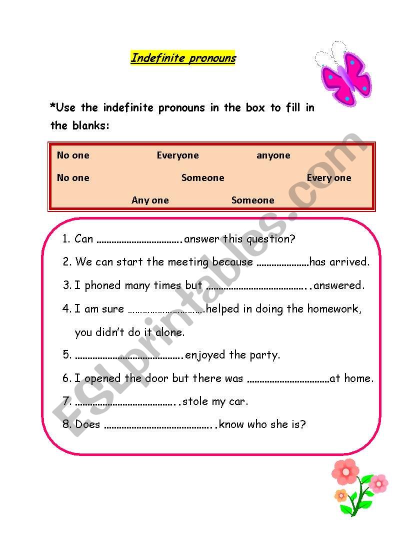 Indefinite pronouns worksheet