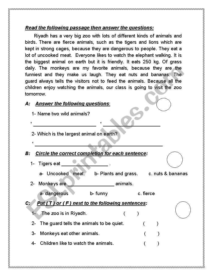 Reading comprehension passage worksheet