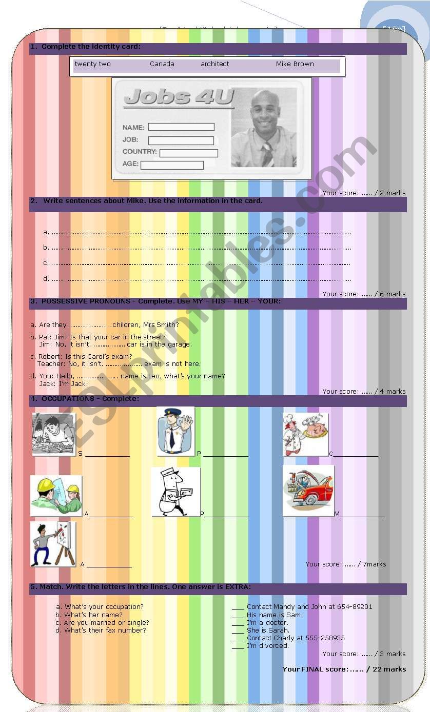 Personal information  worksheet