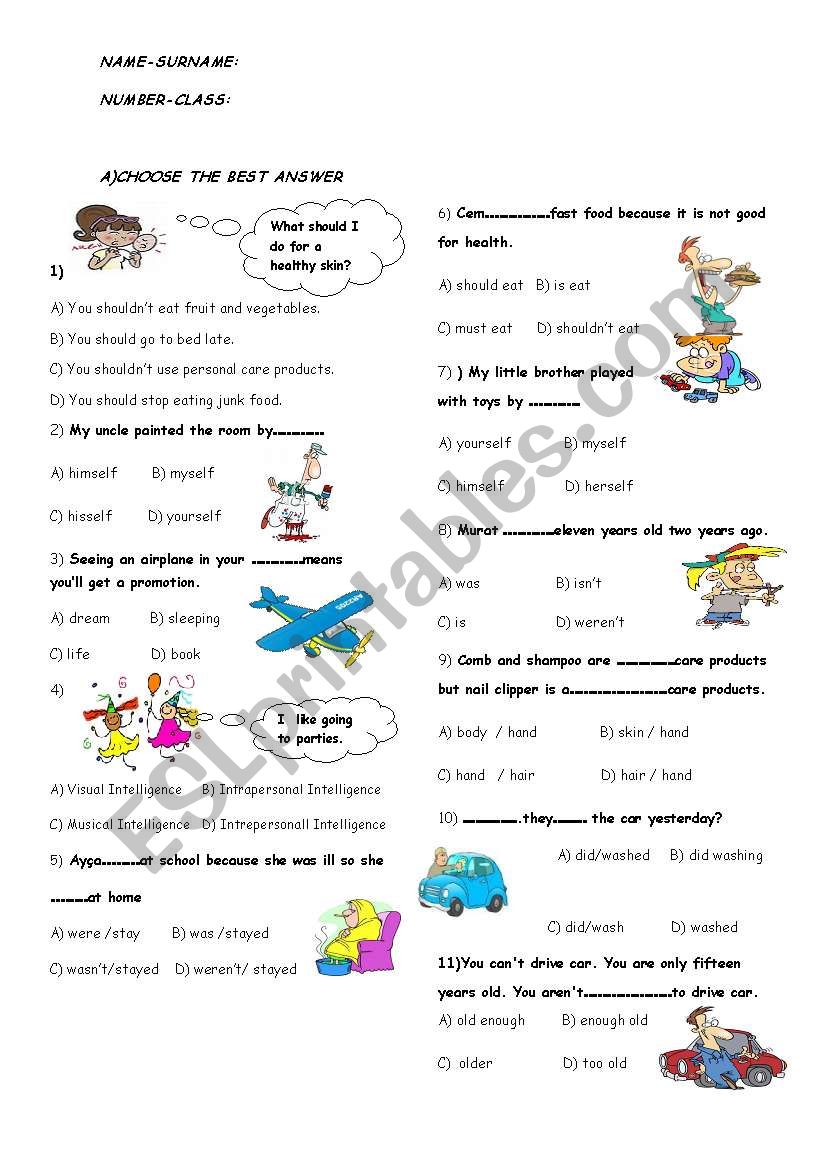 a test/exam worksheet
