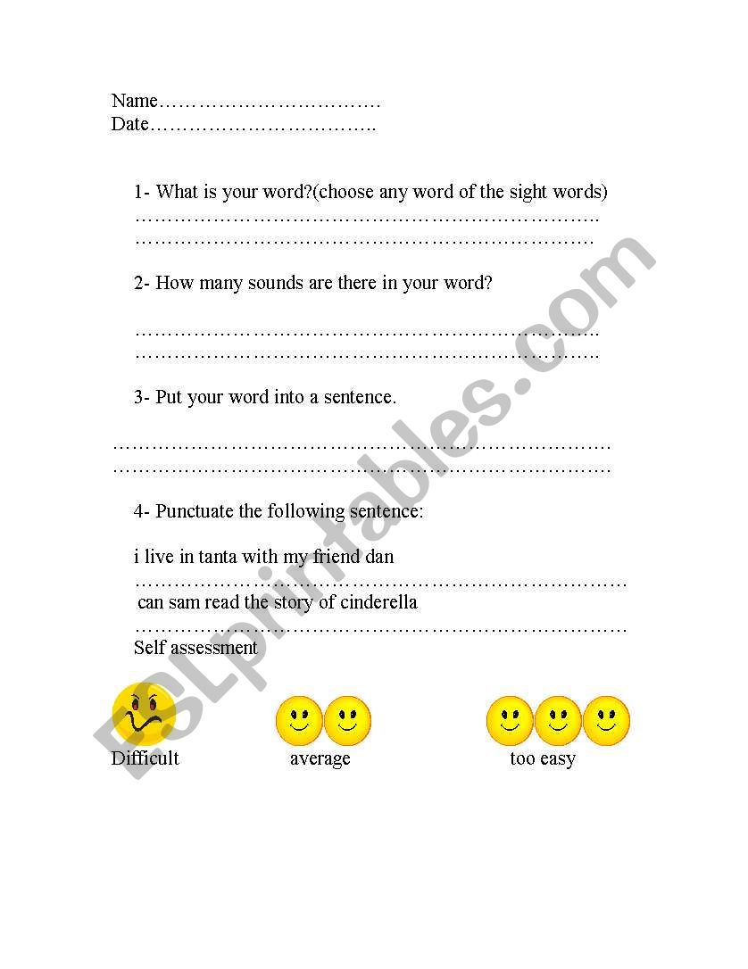 a practice sheet to use a sight word and to practice simple punctuation