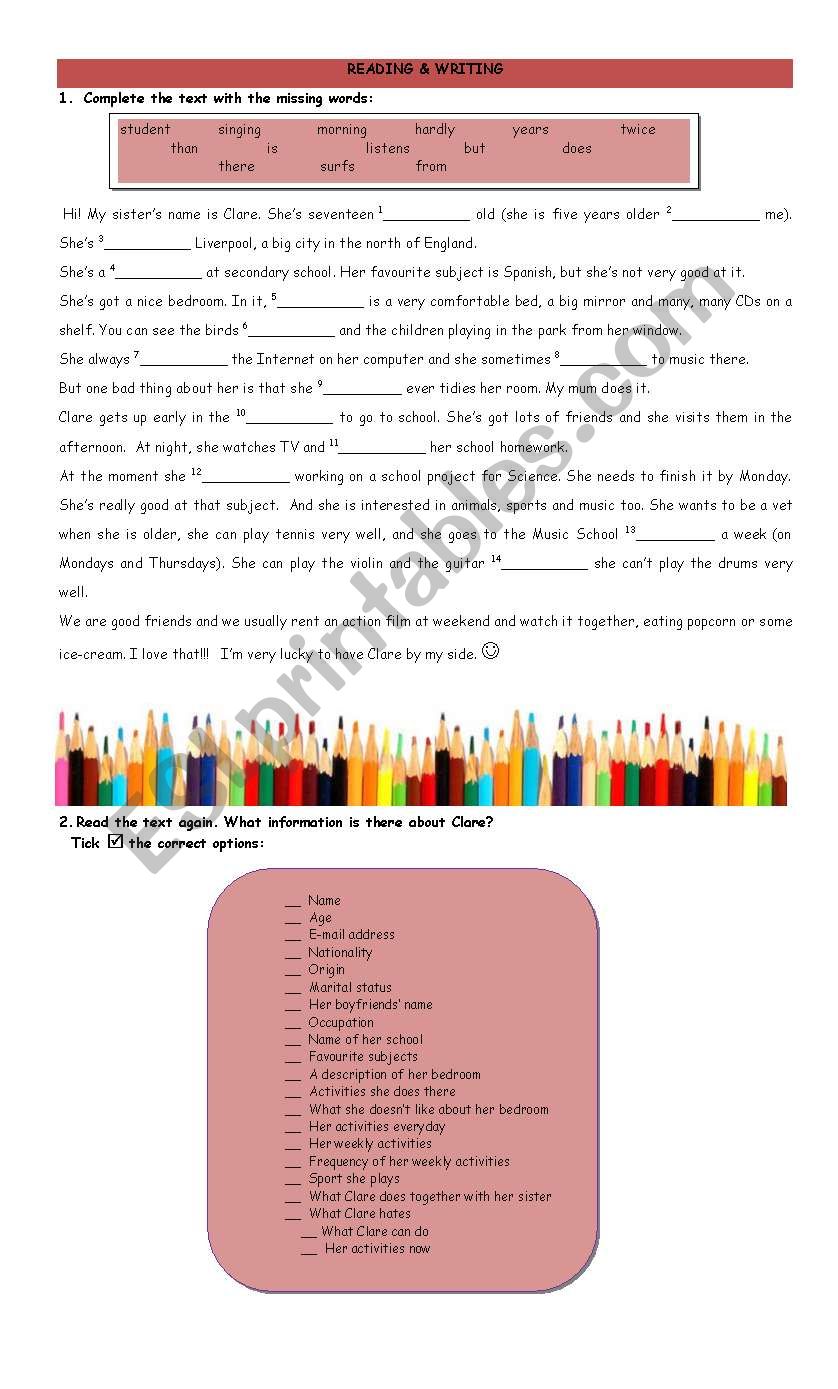 Reading & Writing - PART 1 worksheet