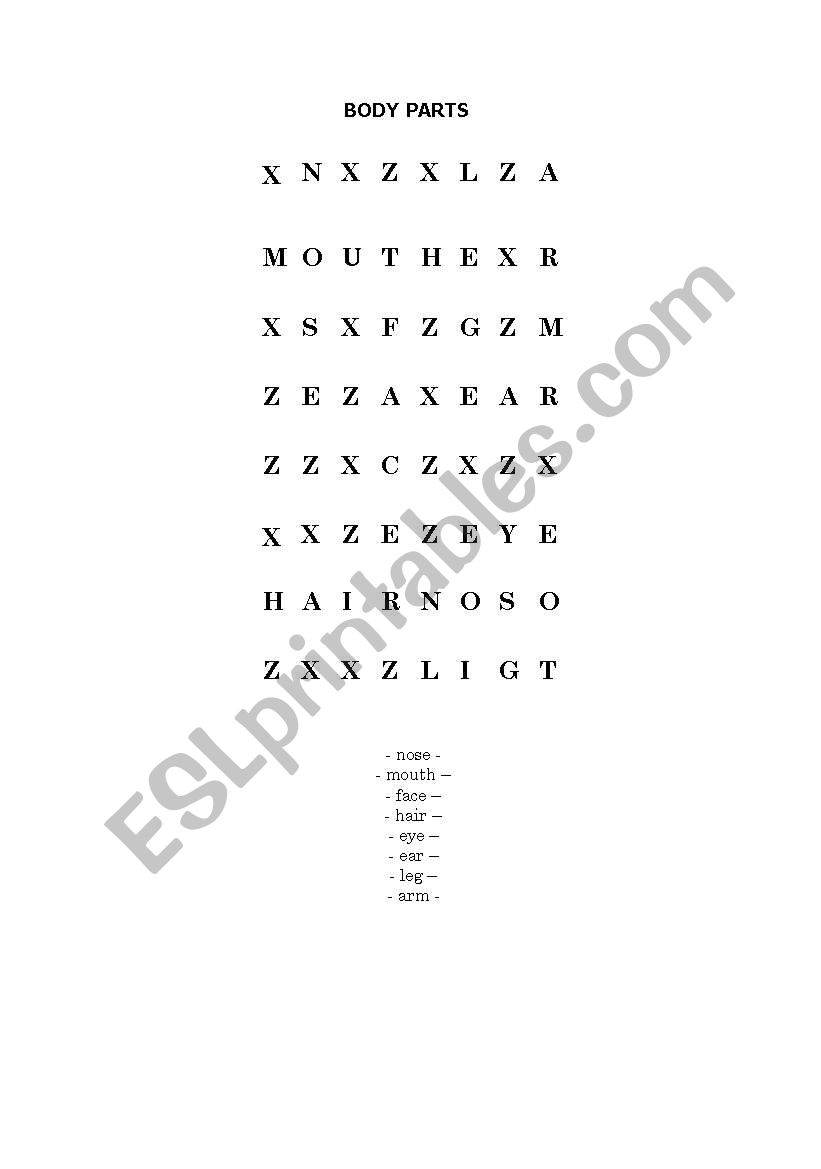 body parts wordsearch puzzle worksheet