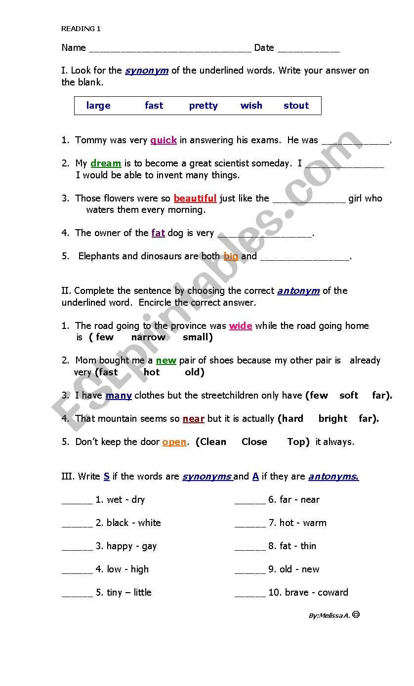 SYNONYMS AND ANTONYMS worksheet