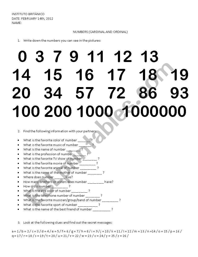 Numbers activity worksheet