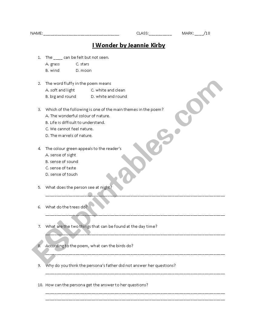 I wonder (poem) worksheet