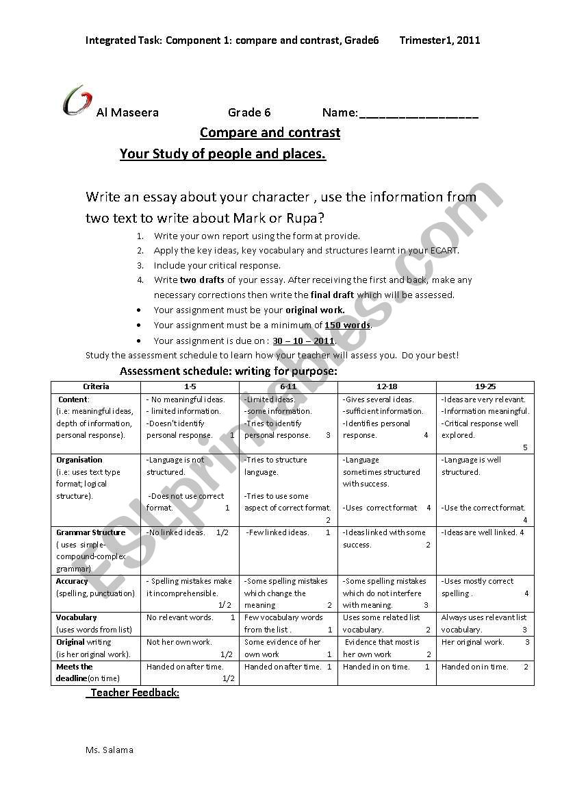 compare and contrast worksheet