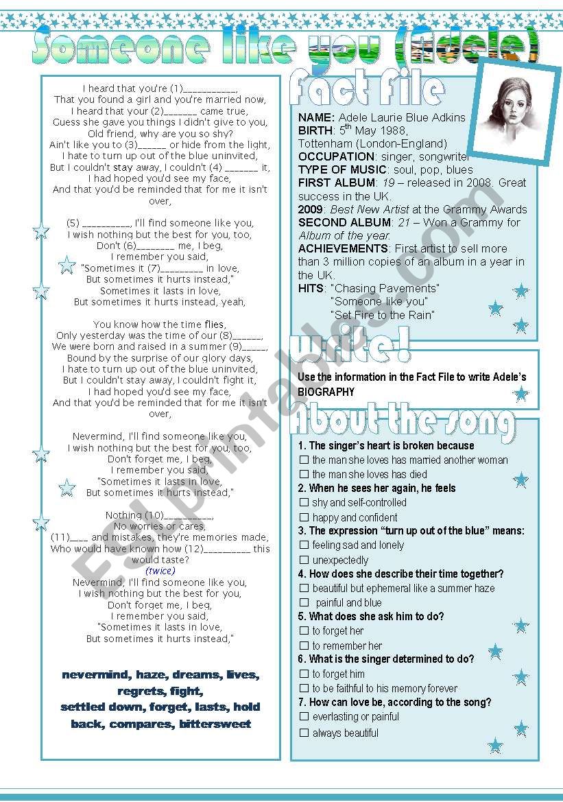 Someone like you (Adele) worksheet