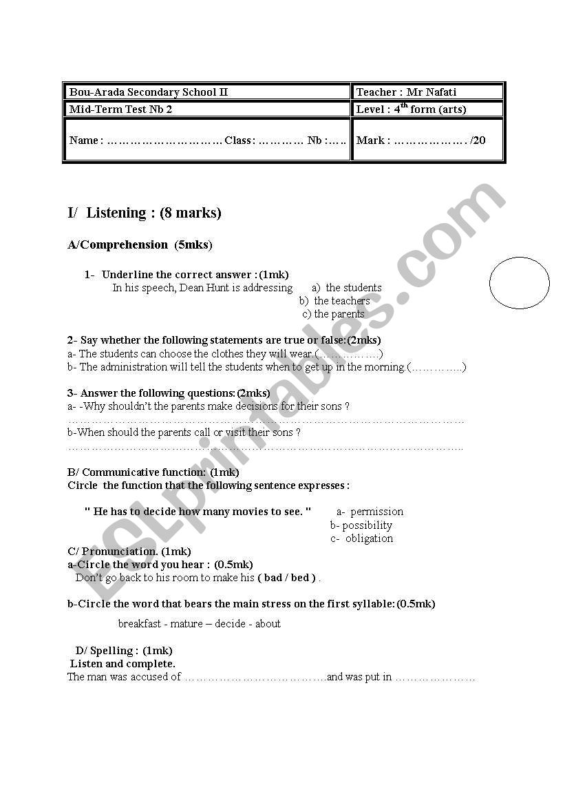 A test for the 4th forms worksheet