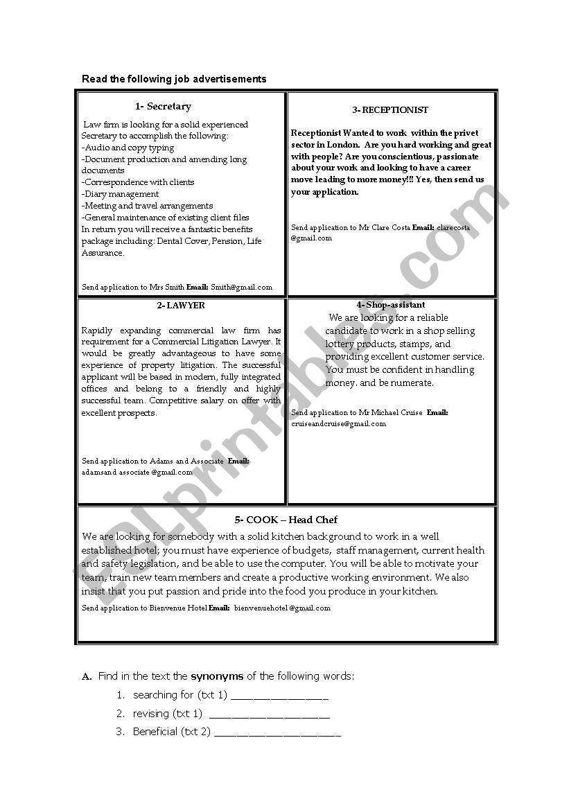 Job ads worksheet