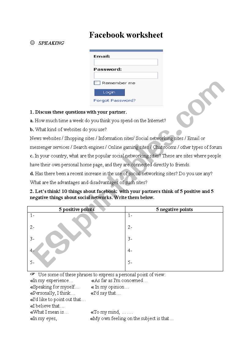 Facebook worksheet worksheet