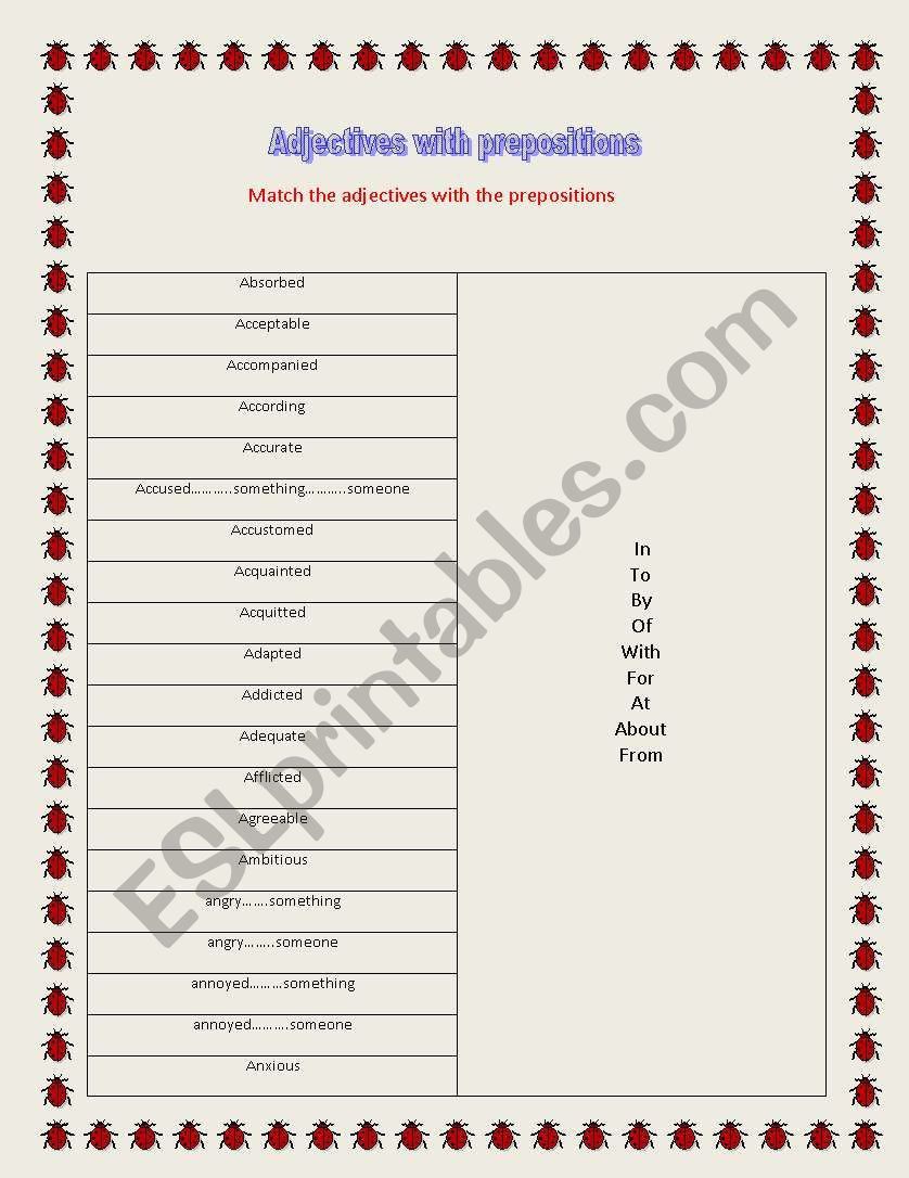 Match the adjectives with the prepositions