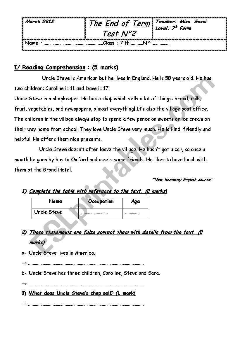 end of term test n2 7th form language part