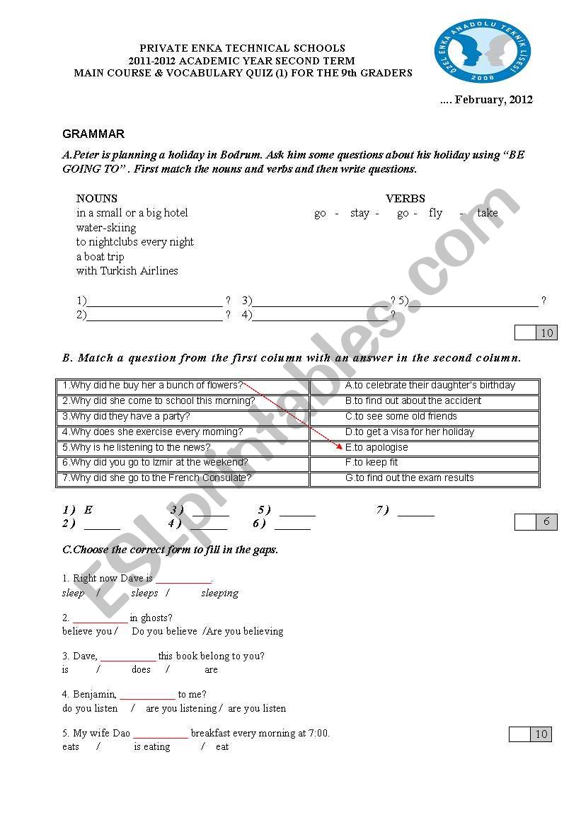 Grammar and Vocabulary Quiz (Elementary)