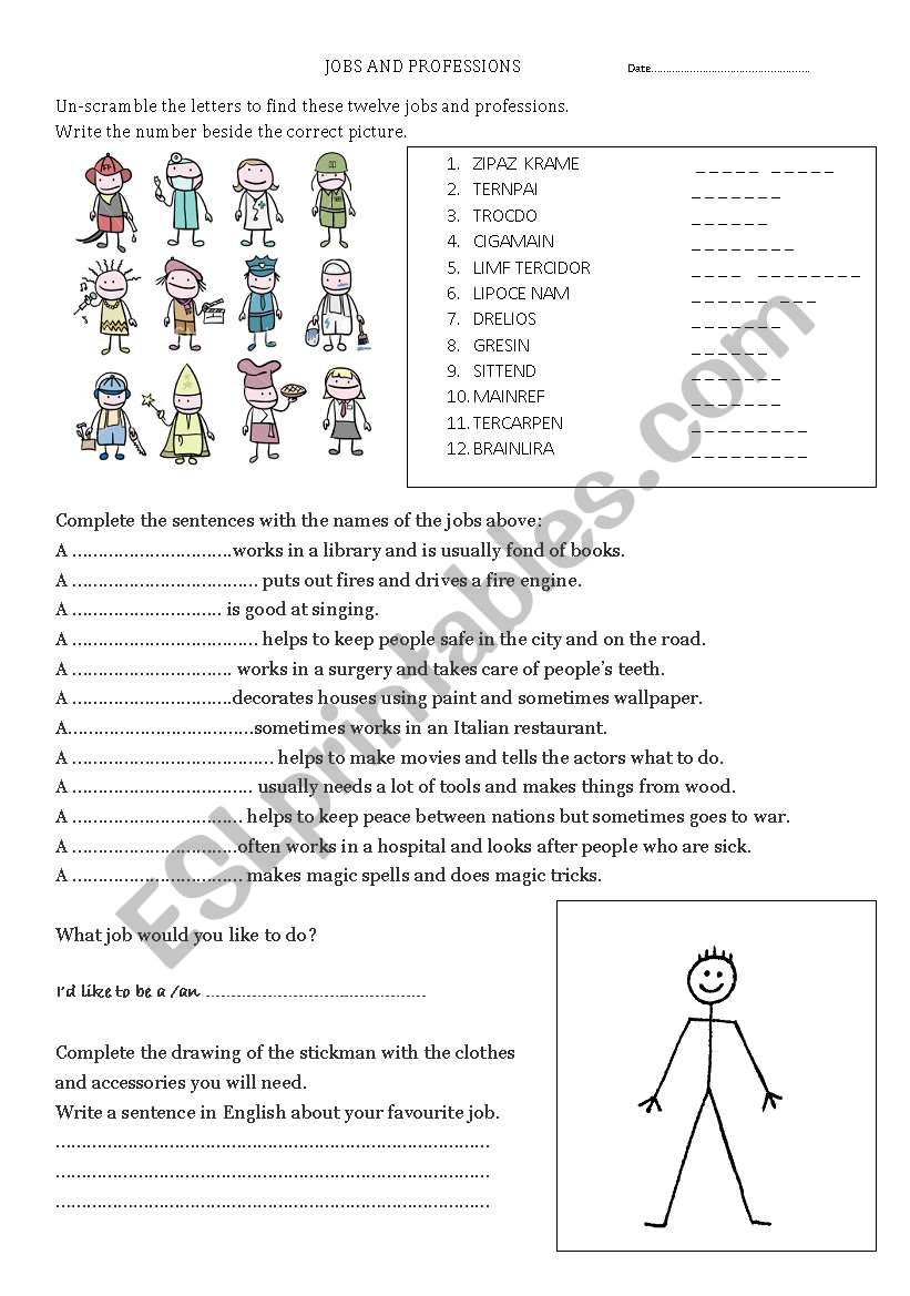 Jobs and professions worksheet