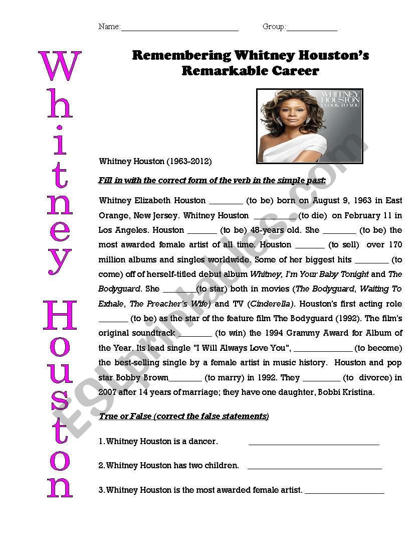 Whitney Houston worksheet